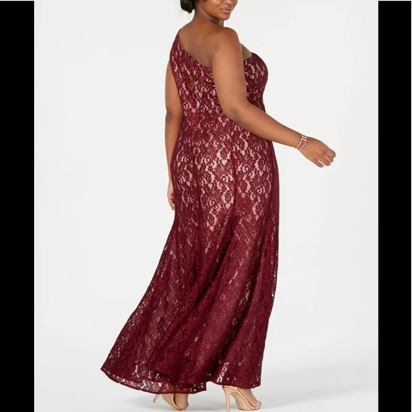 Women’s Formal Dress Plus Sizes 10P & 14W Burgundy Maxi Floral Lace One Shoulder - Picture 3 of 6